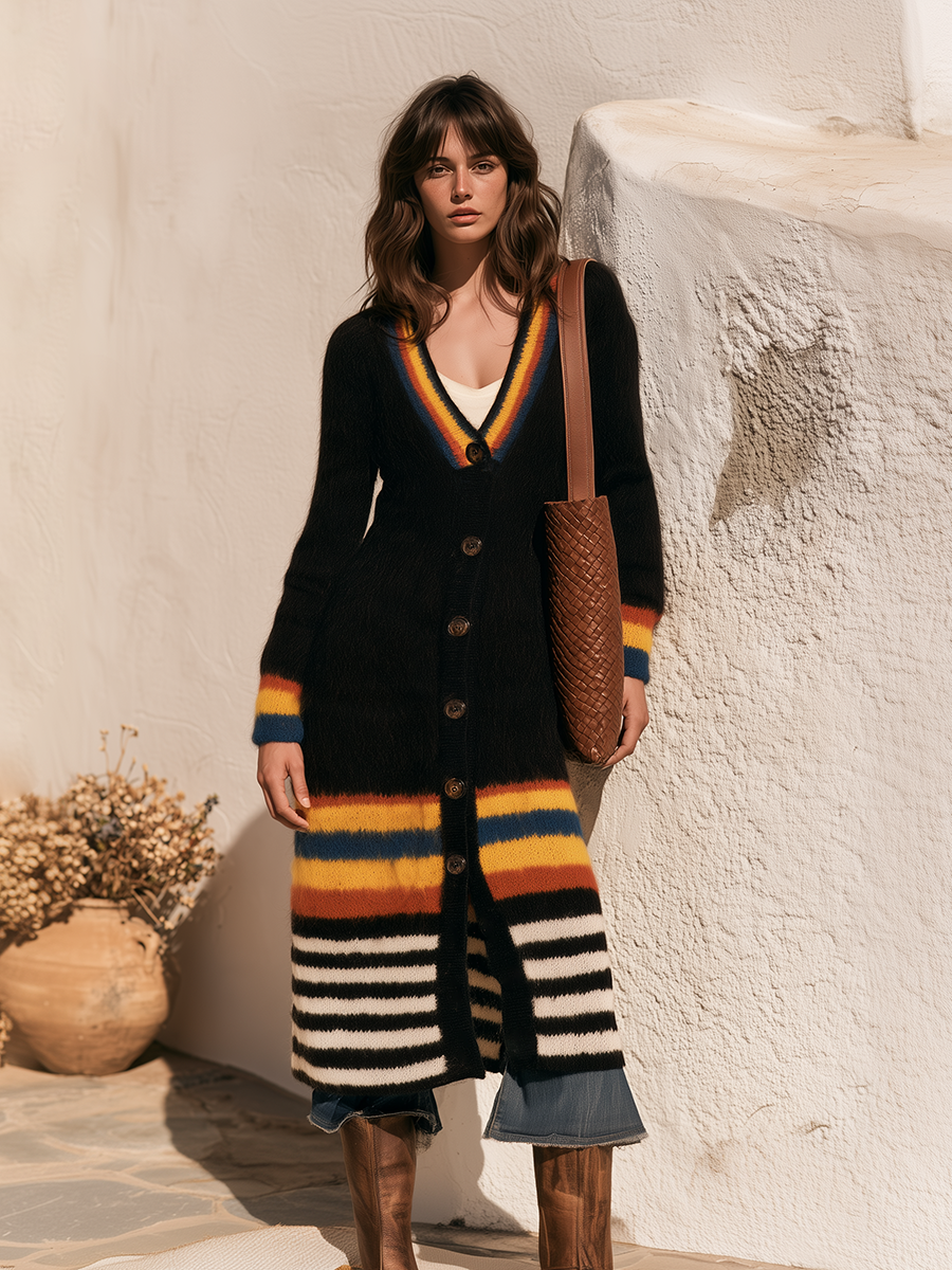 Retro-chic Rainbow Stripes Black Mid-length Mohair Cardigan