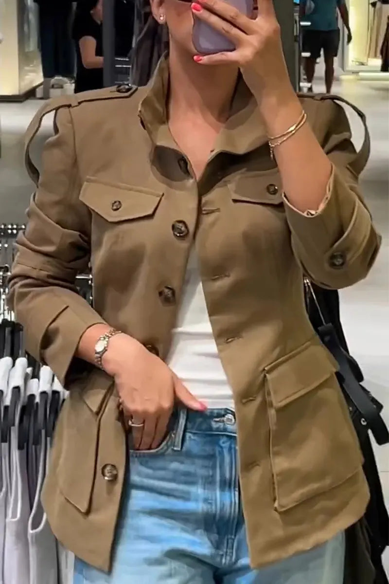 Women Lapel Buttoned Temperament Casual Jacket