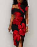 Vivid Red Flower One-shoulder Draped Asymmetrical Midi Dress