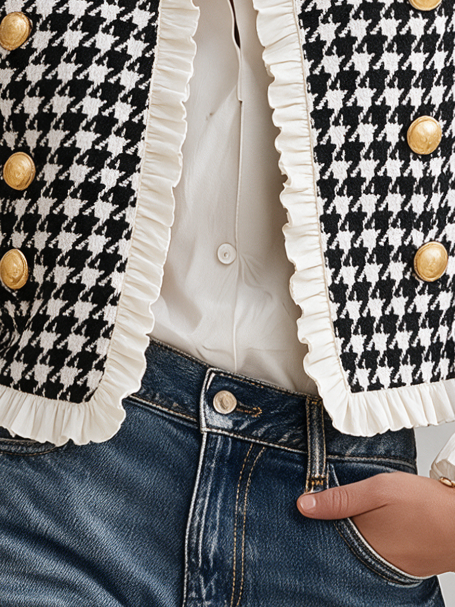 Resort-style Crew-neck Houndstooth Ruffle Jacket