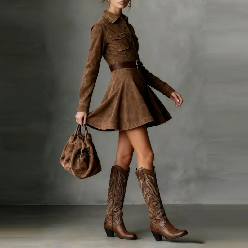 Western-style Distressed Brown Button-down Shirt Dress