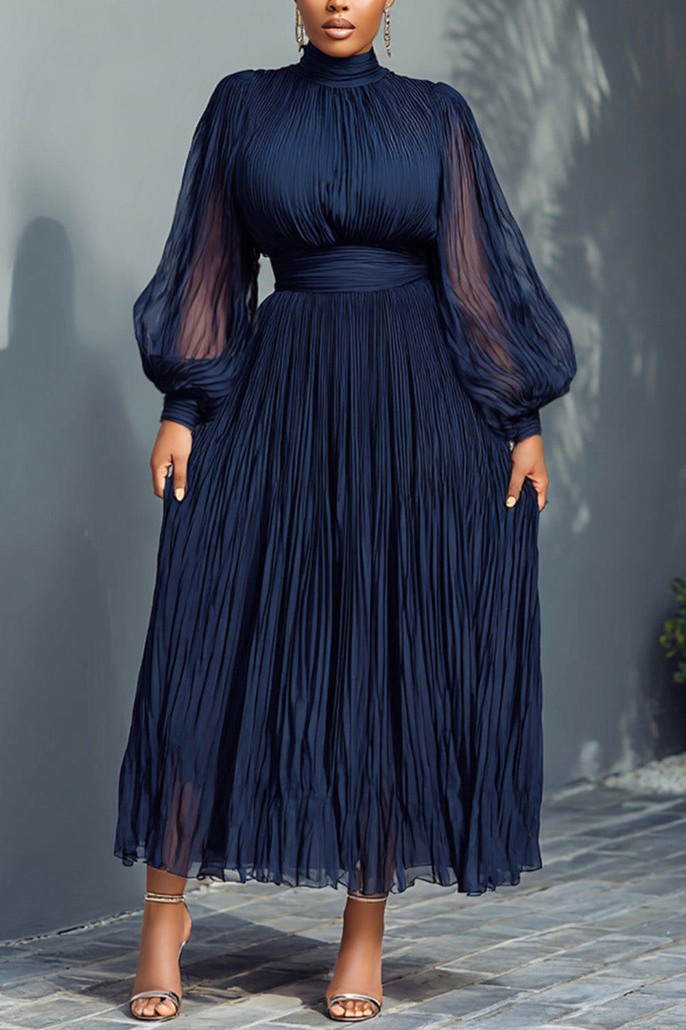 Navy Blue Mock Neck Lantern Sleeve Long Sleeve See Through Elegant Ruffled Midi Dresses