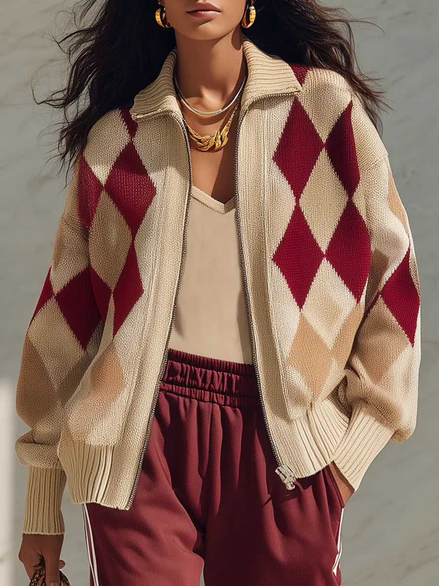 Resort-style Lapel Diamond Pattern Long-sleeved Knitted Cardigan