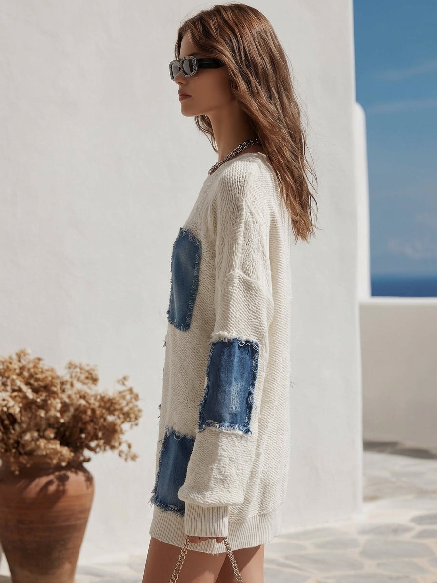 Boho Resort Off White Denim Patchwork Fringe Knit Mini Dress