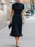 Elegant Crew Neck Feathered Hem Midi Dress