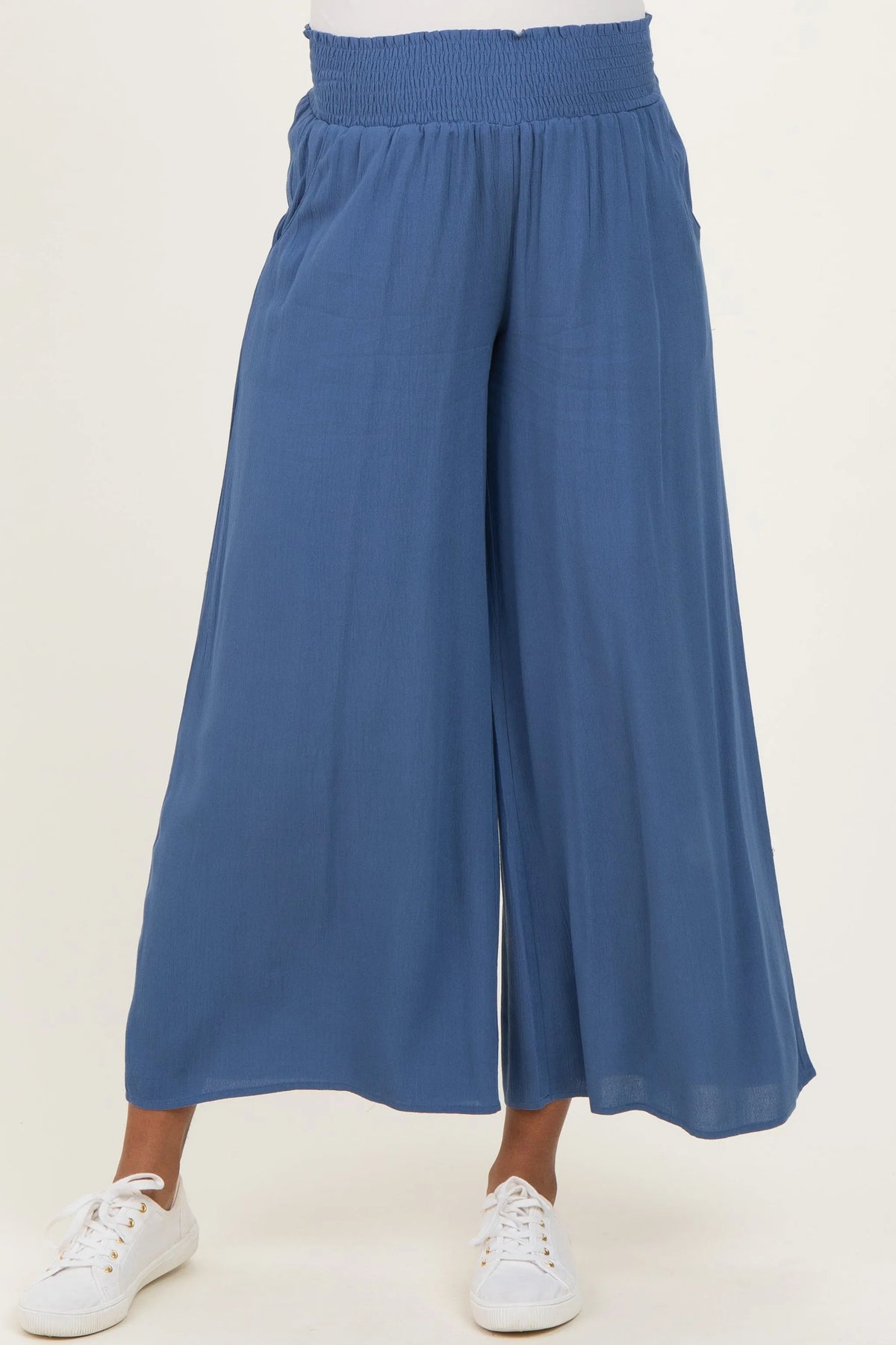Blue Smocked Waist Ankle Wide Leg Maternity Pants