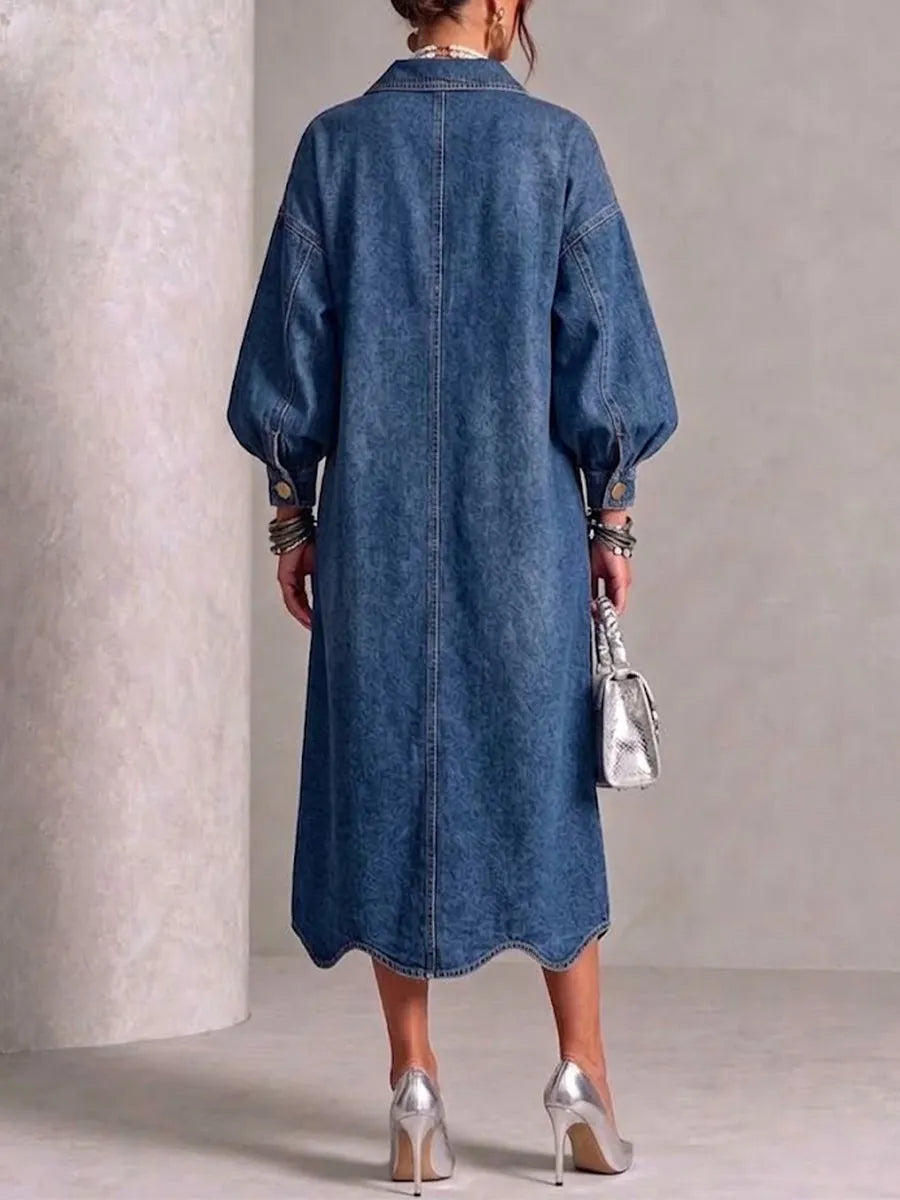 Lapel Gold-button Balloon-sleeve Wave-hem Denim Dress