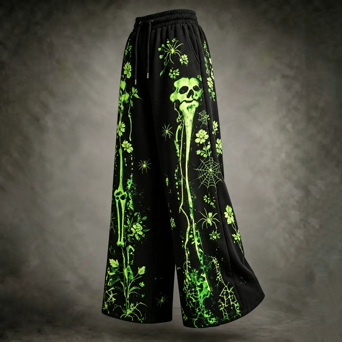 Women's Dark Retro Halloween Skeleton Spider Web Floral Print Three-piece Set