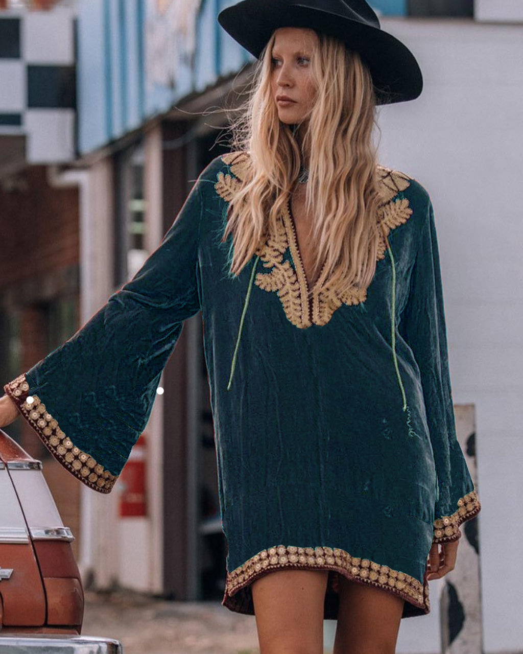 V-neck velvet hippie dress