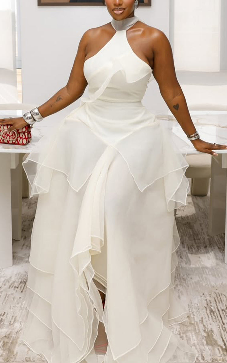 Women Neck Hanging Patchwork Mesh Elegant Temperament Dress