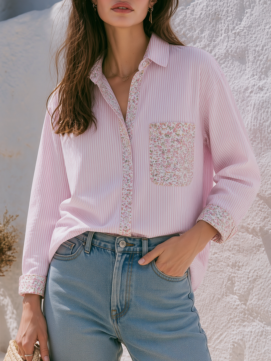 Pink Vertical Stripe Ditsy Floral Patchwork Chest Pocket Contrast Placket Button Down Long Sleeve Shirt