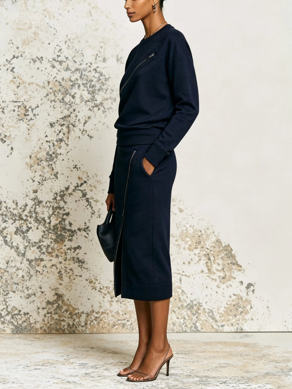 Navy Long-sleeved Top And Midi Skirt Two-piece Set With Zipper Detail