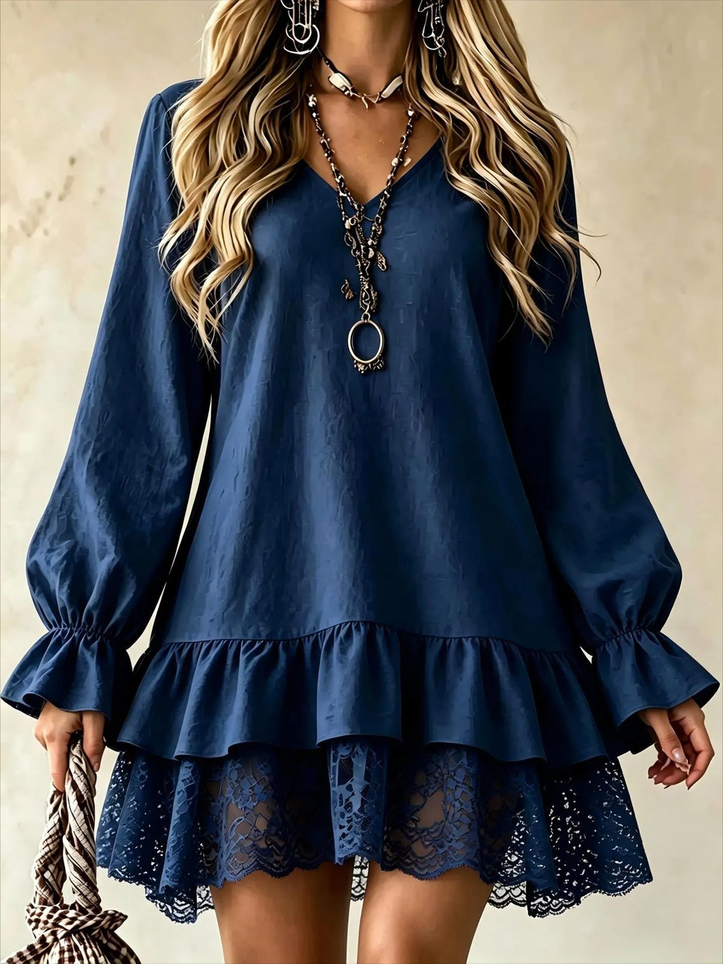 Long-Sleeve Dress with Lace Panels