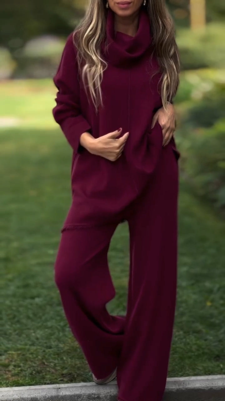 Women High Neck Top + Pants Solid Color Casual Suit