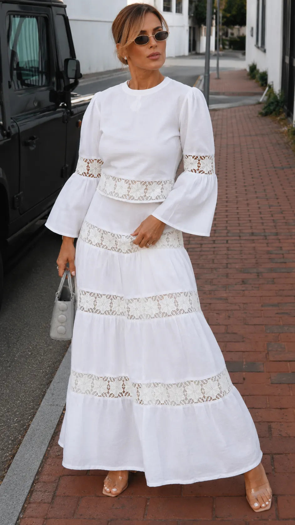 White Lace Insert Two‐Piece Maxi Skirt Set