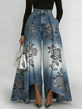 Women's Art Print Casual Pleated Washed Cotton Jeans