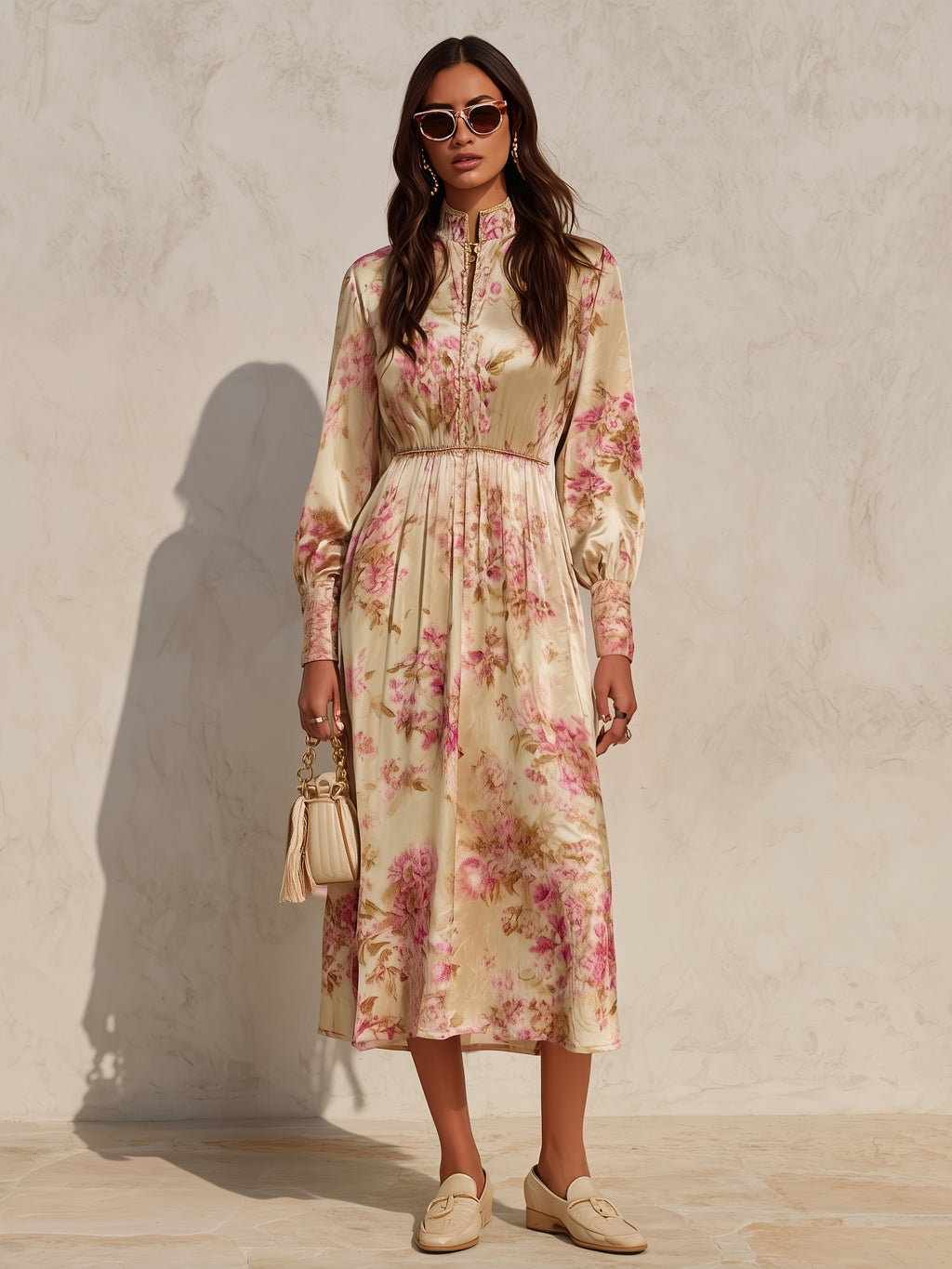 Mediterranean Riviera Cream Pink Floral Velvet Stand Collar Midi Dress