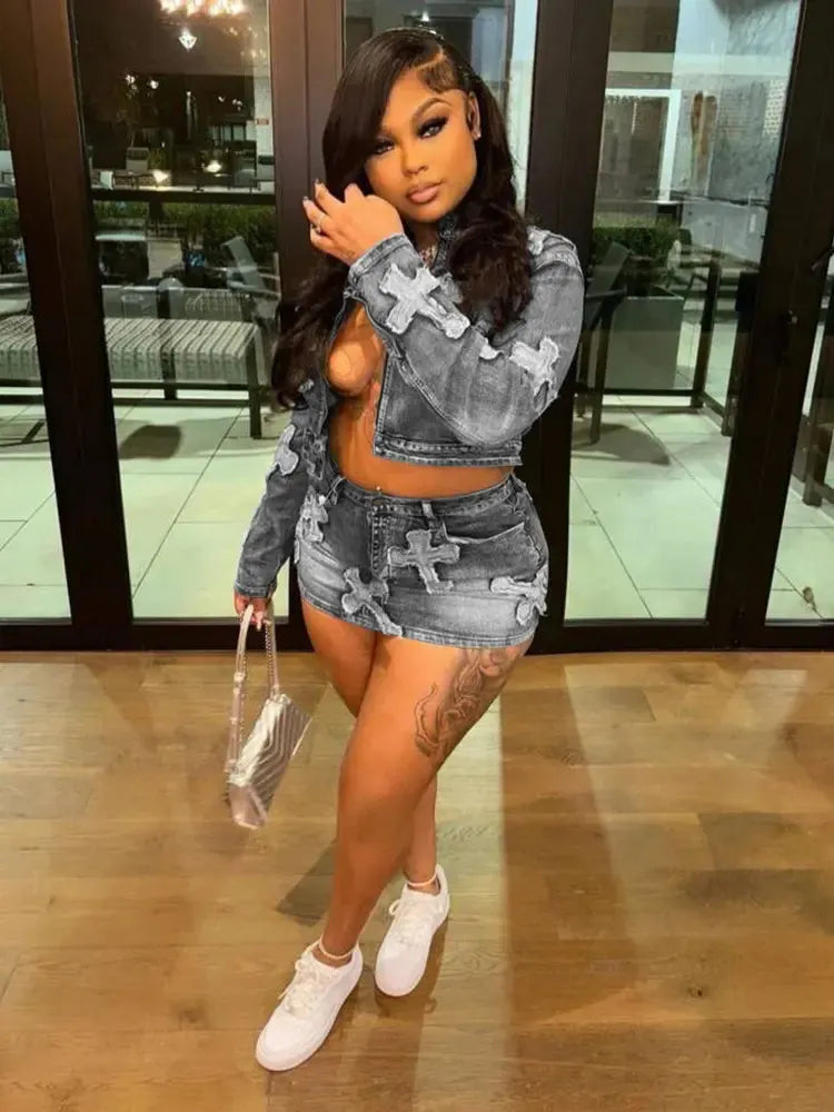 Designer Denim Skirt & Jacket Set