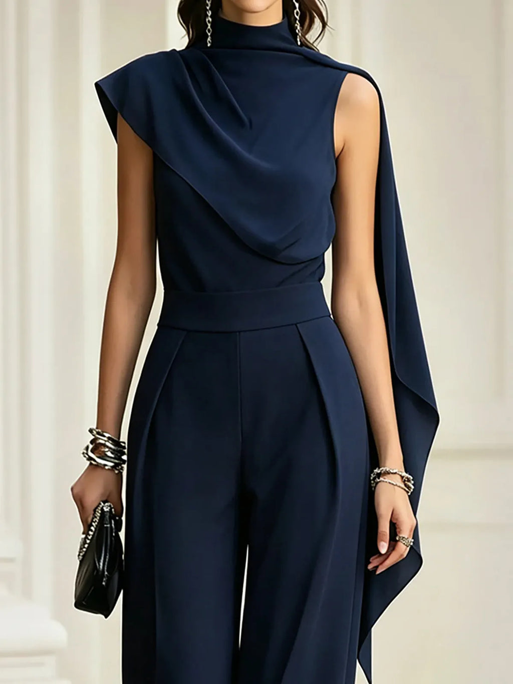 Navy Chiffon Draped Top And Wide Leg Pants Set