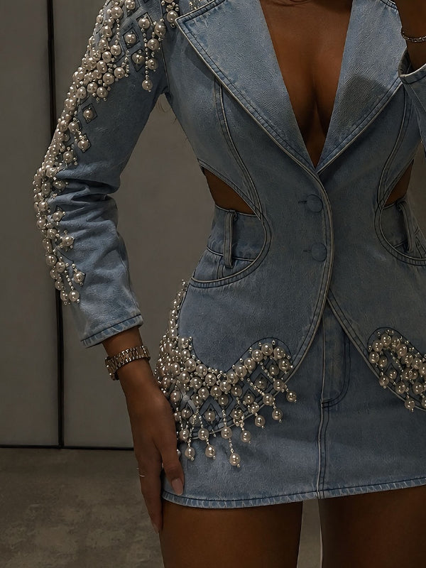 Pearl Embellished Denim Blazer & Mini Skirt Two‐Piece Suit