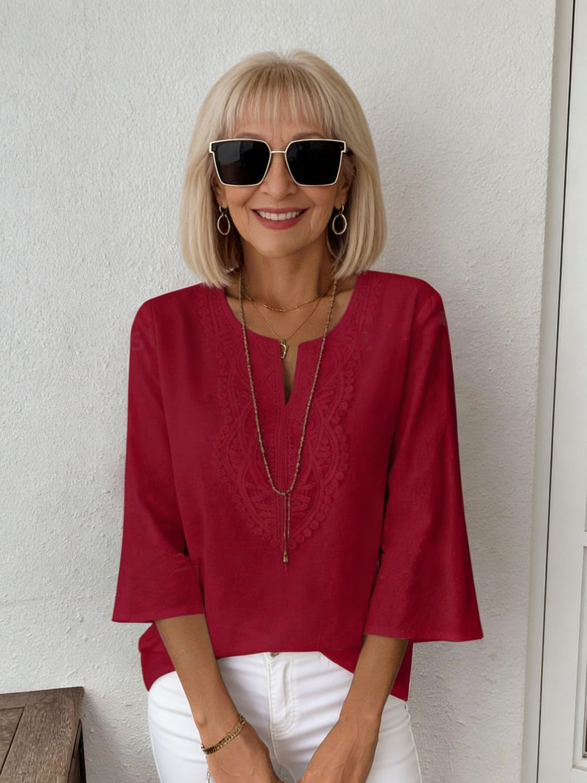 Women's Loose Solid Color V-Neck Lace Edge Shirt