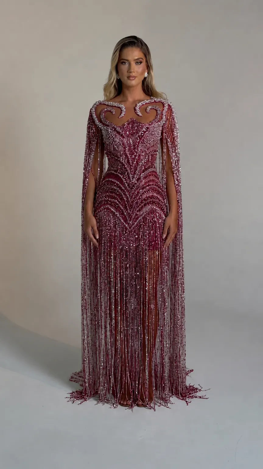 Luminous Beaded Fringe Cape Evening Gown