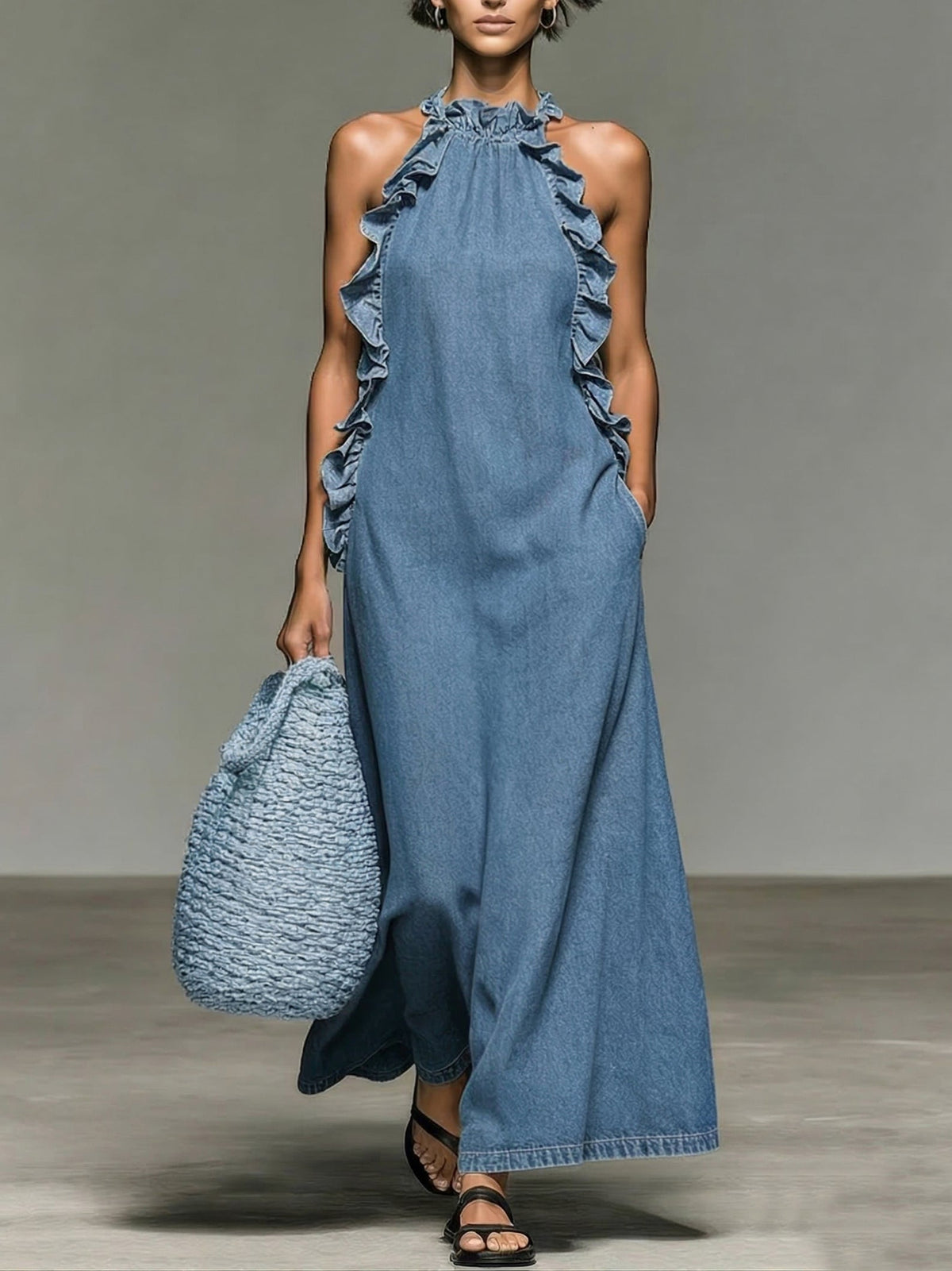 Elegant And Romantic Ruffled Denim Dress