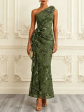 Army Green 3D Floral Ruffled Classic One Shoulder Sleeveless Mermaid Maxi Dress