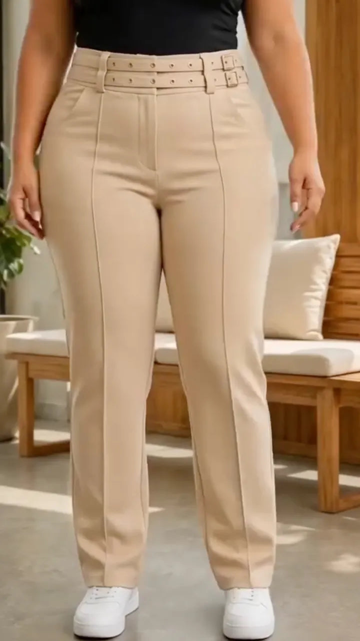 Plus‐Size Double Buckle High‐Waist Straight‐Leg Trousers