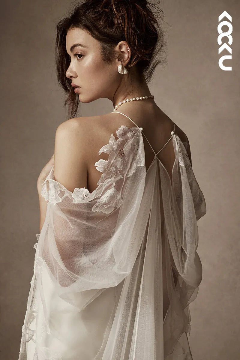 K1823 - Spaghetti Straps Satin Tulle Mermaid Long Wedding Dress With Sweep Train