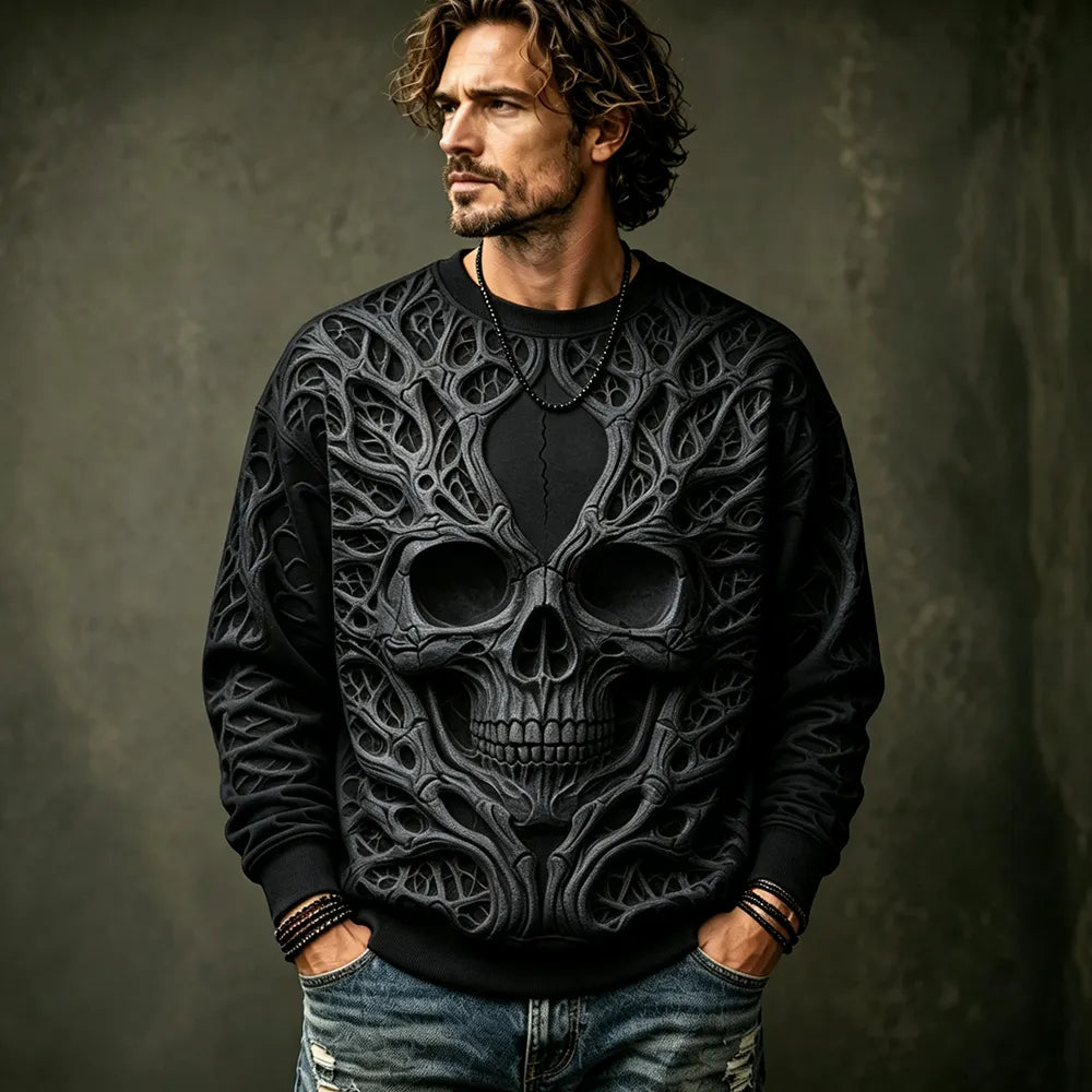 Men's Sweatshirt With 3d Textured Skull And Bone Vine Graphic Design