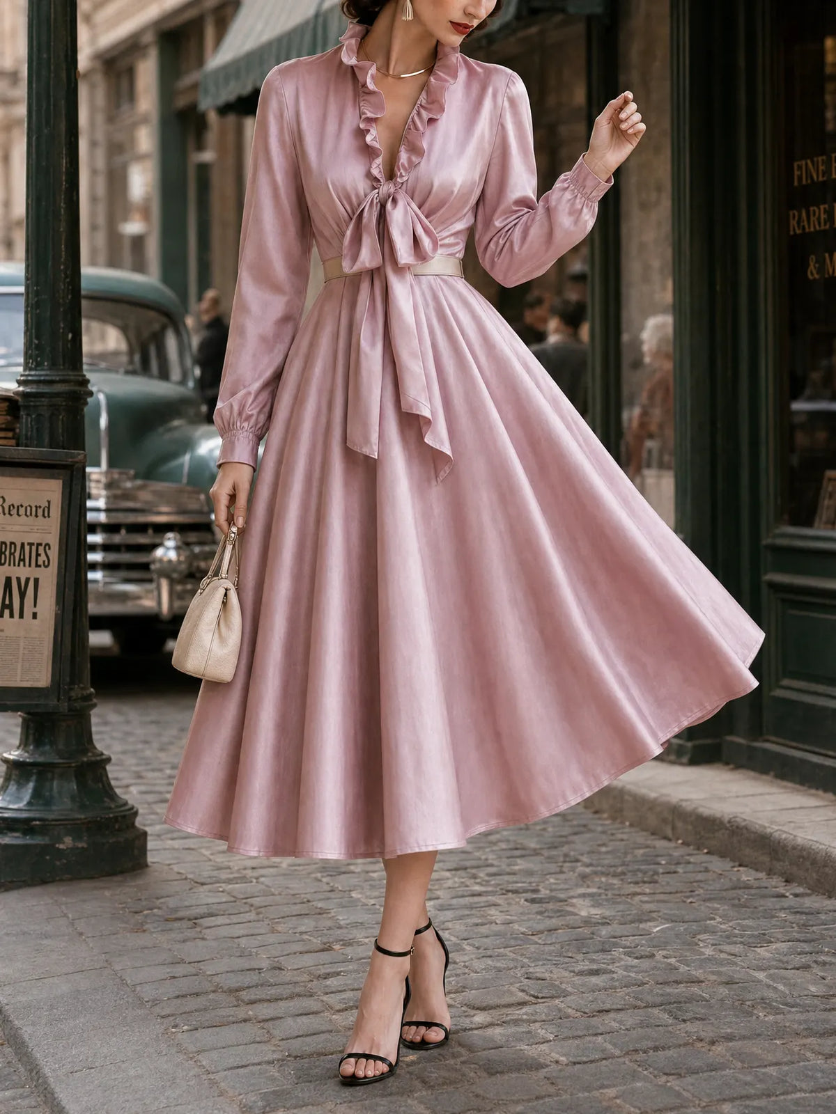 Vintage Ruffle Collar Bow Ties Swing Maxi Dress