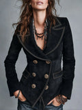 Boho Double-Breasted Suede Blazer With Contrast Stitching