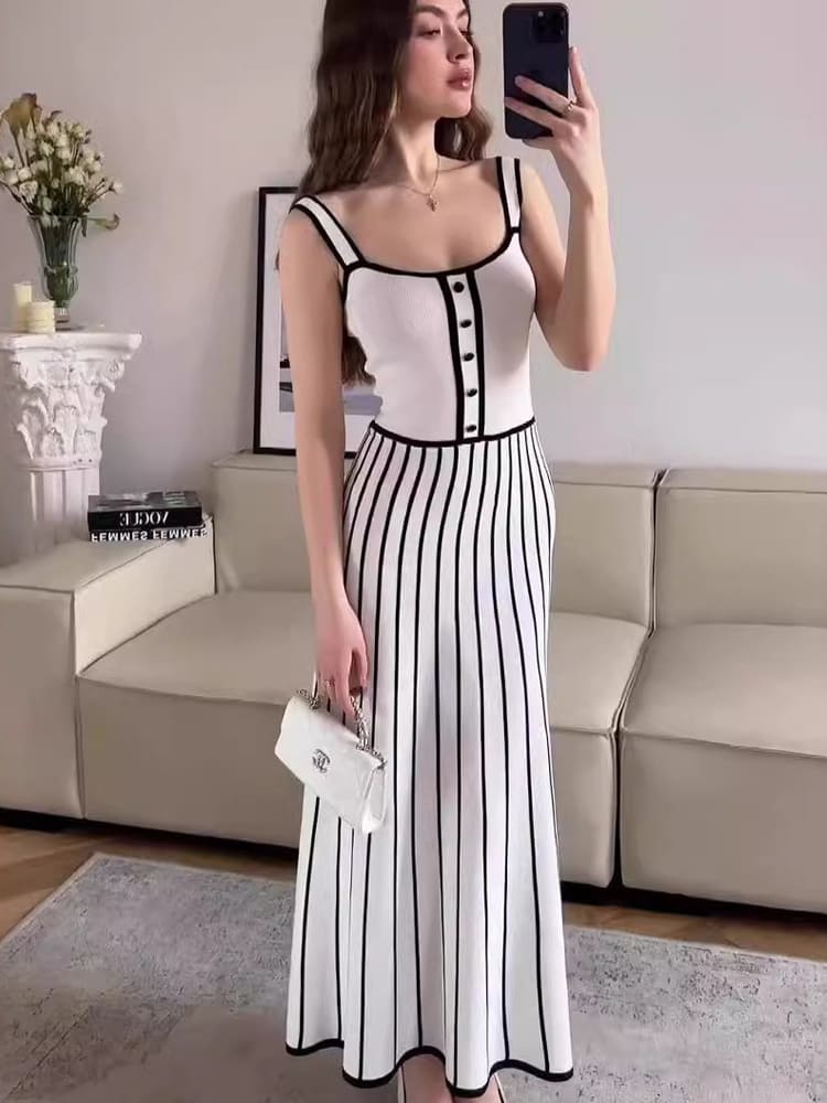 Striped Colorblock Knit Spaghetti Strap Midi Dress