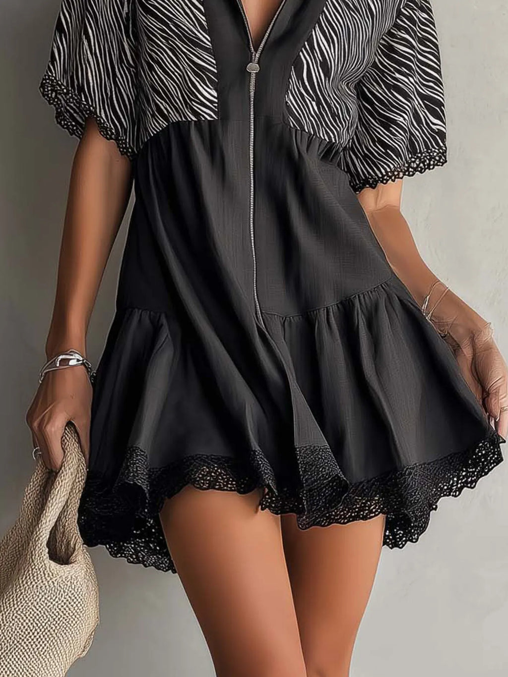 Black Zebra Print Lace Trim Zip Mini Dress