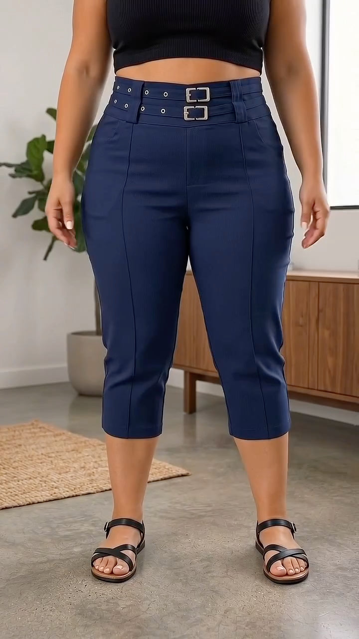 Plus‐Size Double Buckle High‐Waist Capri Pants