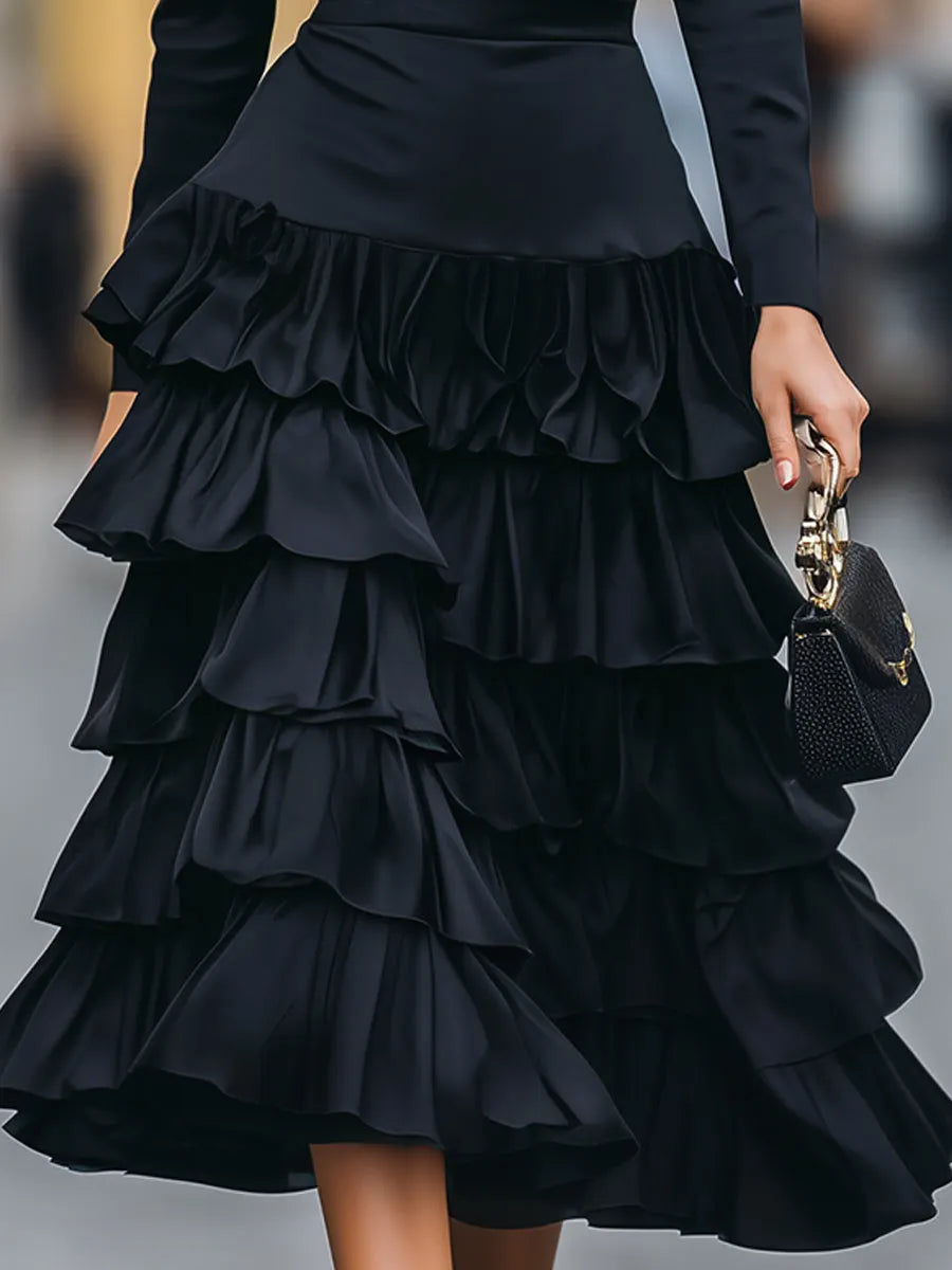 Elegant Mock Neck Tiered Ruffle Midi Dress