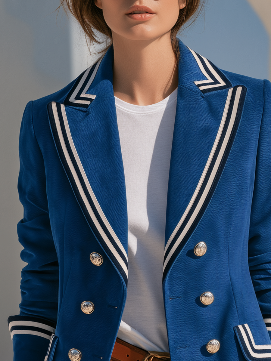 Stylish Color-block Webbing Trim Blue Faux-suede Blazer