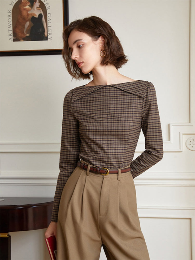 French Vintage Off-Shoulder Plaid Blouse
