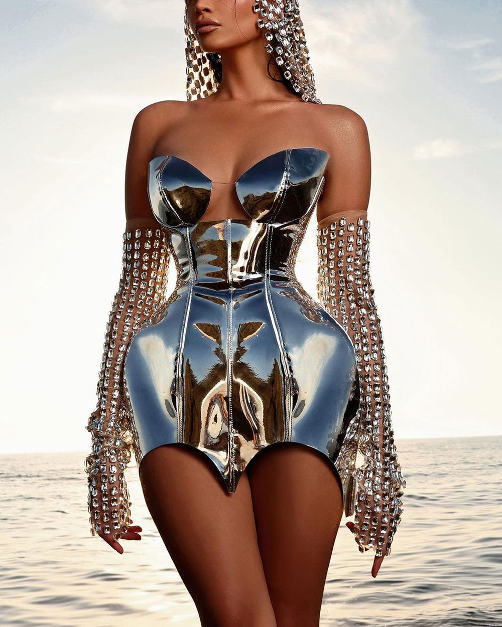 Sexy Rhinestone Mirror Laser Mini Dress