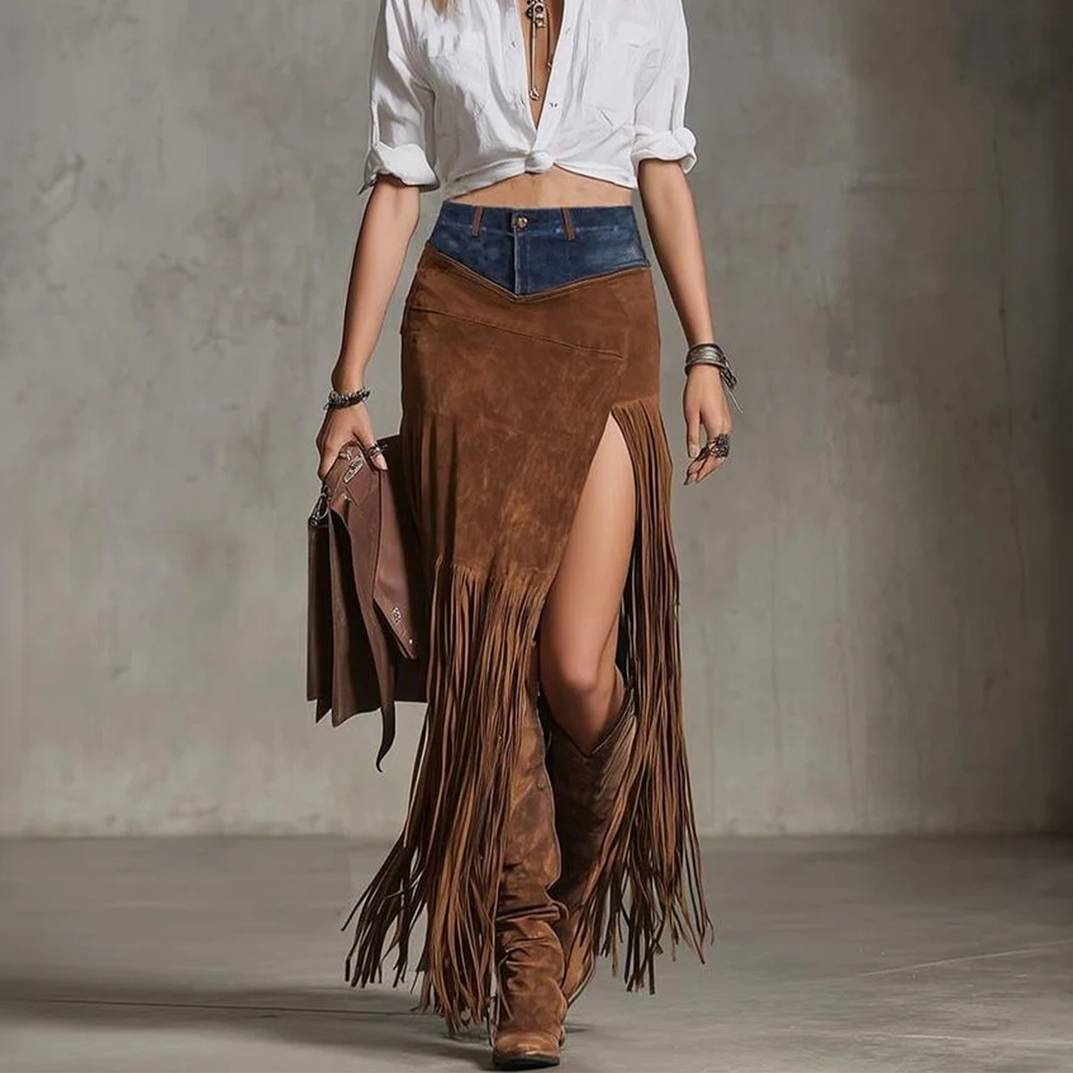 Women's Vintage Boho Chic Fringe Skirt Patchwork Denim Waist