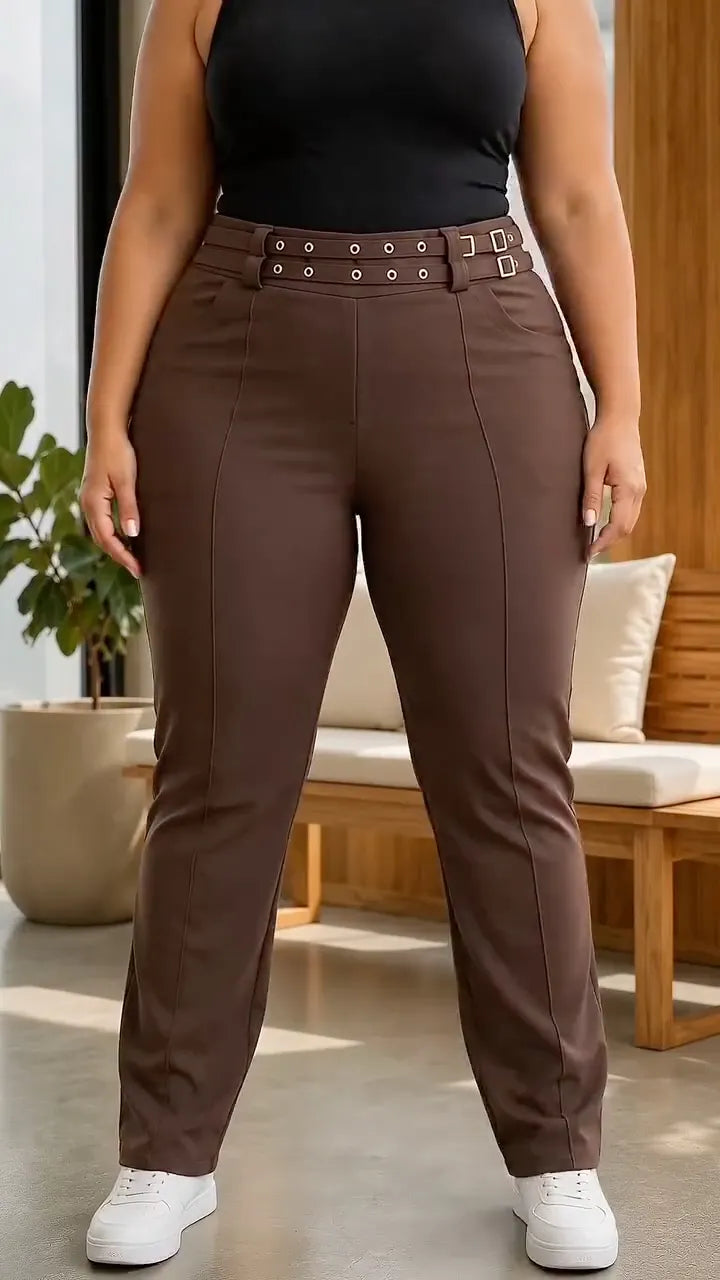Plus‐Size Double Buckle High‐Waist Straight‐Leg Trousers
