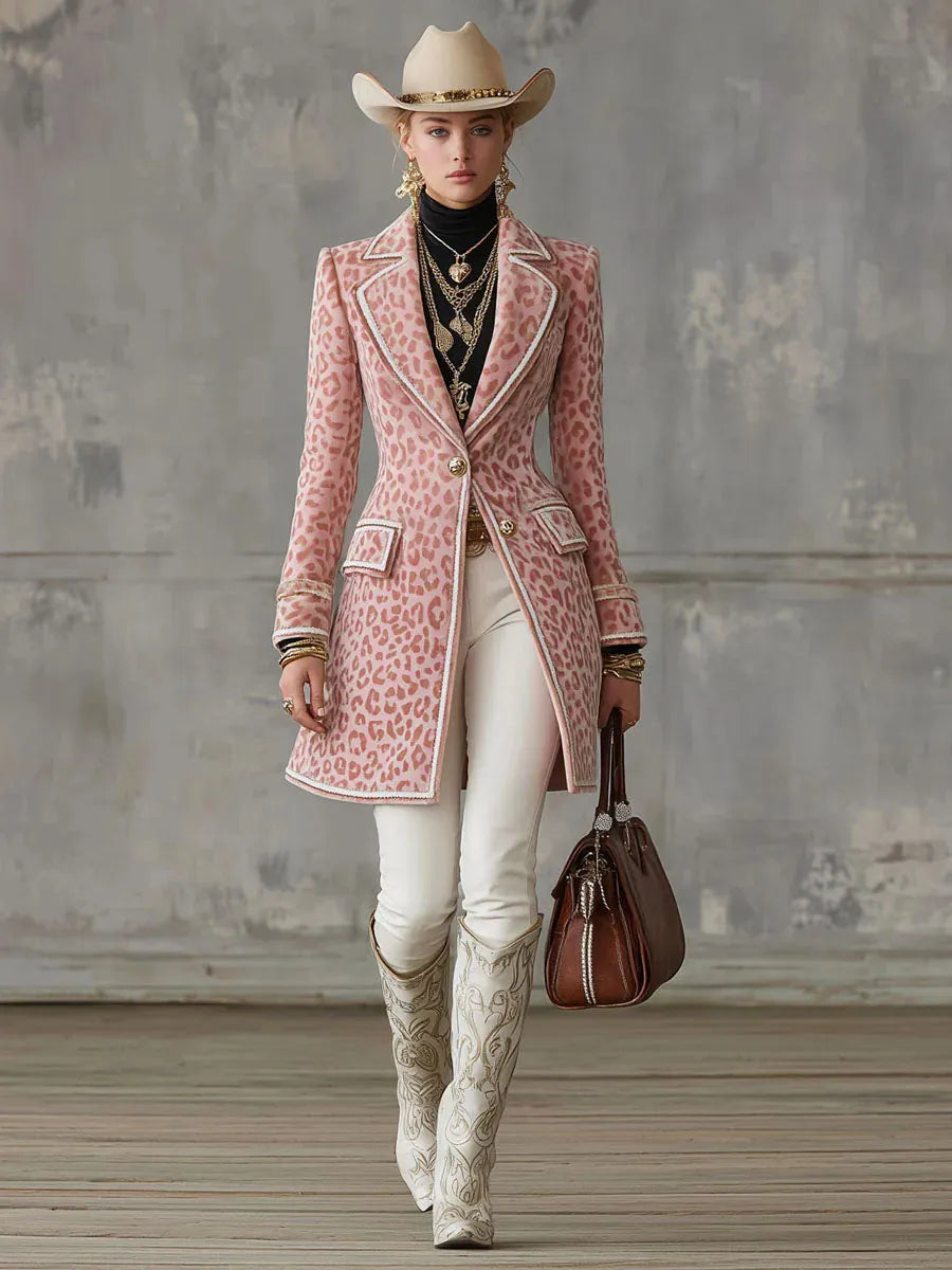 Lapel Single-breasted Pink Leopard Print Mid-length Coat