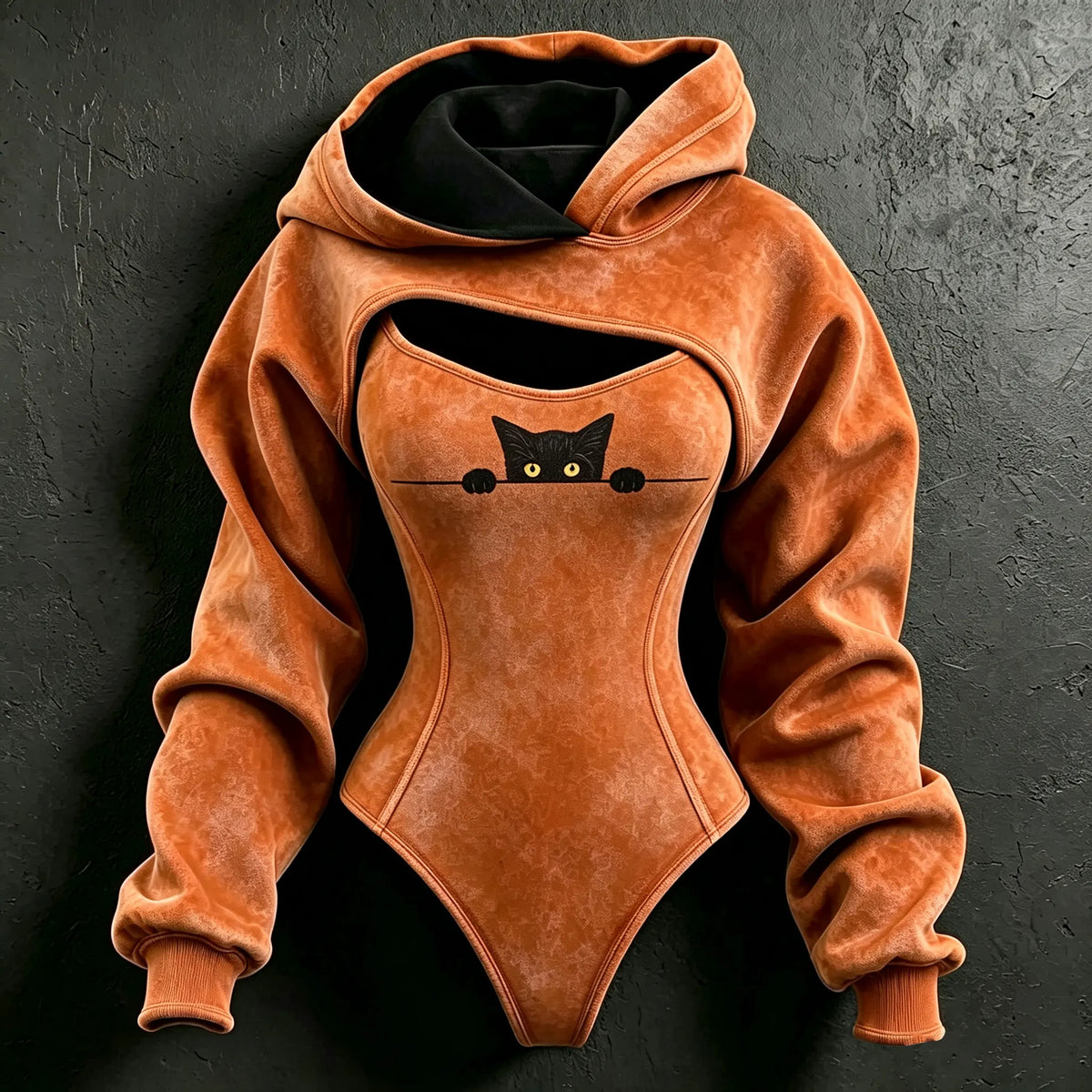 Women's Retro Black Cat Print Hoodie Two-piece Set