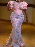 Fashion Floral Printed Split-Joint Puff Short Sleeve Maxi Dress