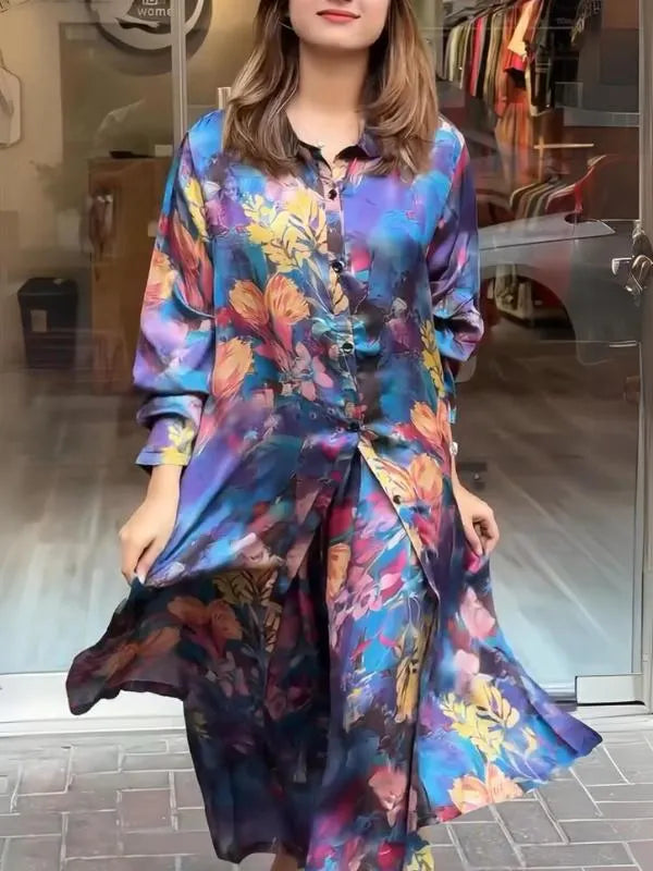 Women's lapel button-down printed shirt long coat and pants set