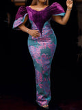 Gradient Round-Neck Split-Joint Floral Printed Maxi Dress