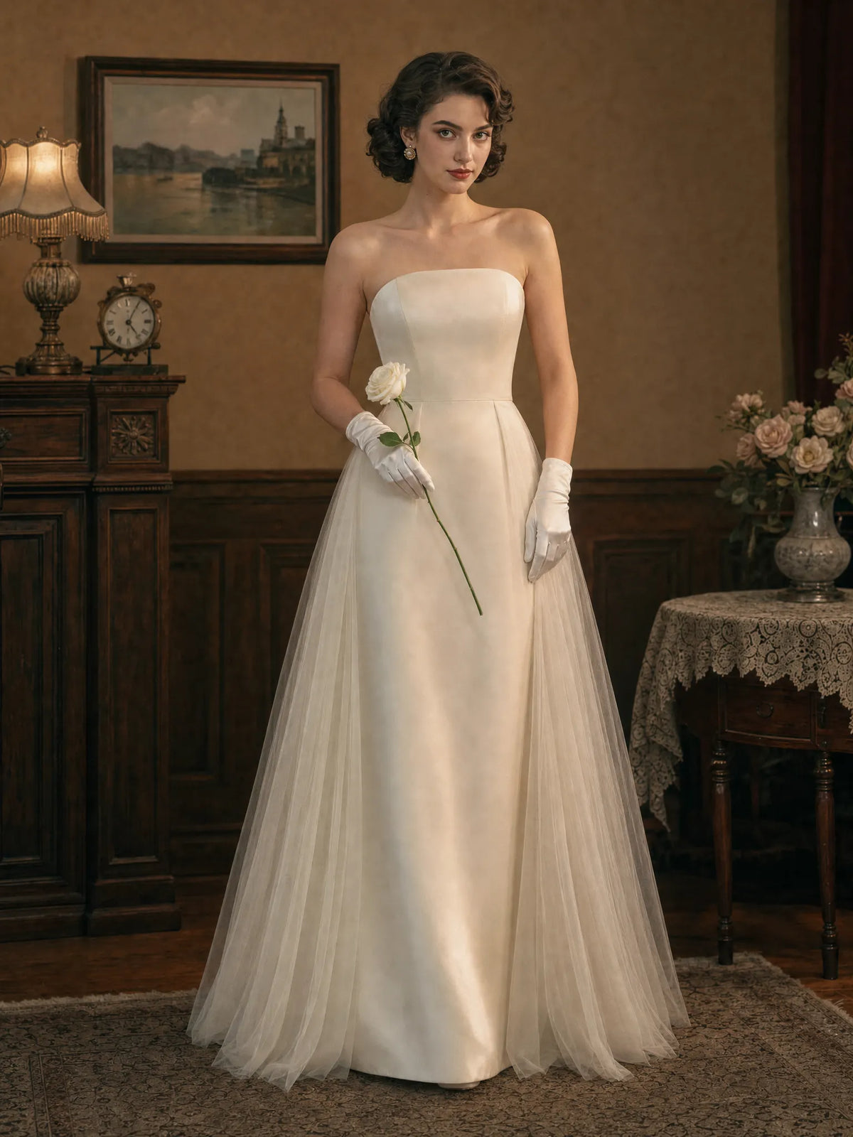 Vintage Two-Piece Set, Cape & Mesh Panel Strapless Dress