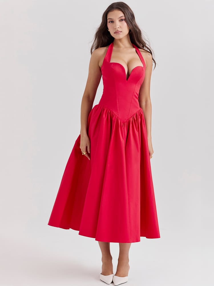 Halter Neck Midi Dress with Side Slit - Scarlet Red