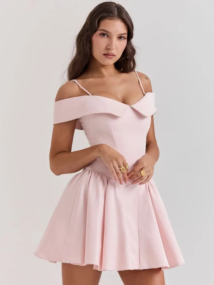 Ballet Pink Off-Shoulder Spaghetti Strap Mini Dress